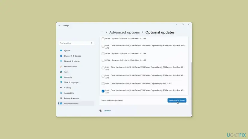 Windows 11 Settings on Windows Update, Advanced options, Optional updates, with one Intel driver ticked and the Download and install button