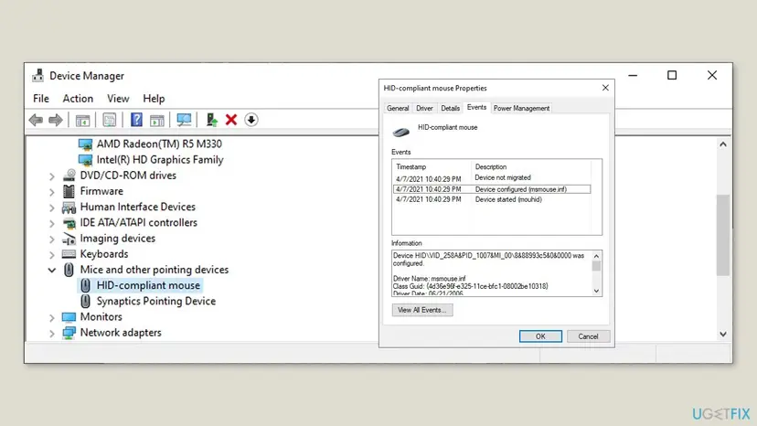 Device Manager with HID-compliant mouse Properties open on the Events tab listing Device not migrated, Device configured and Device started