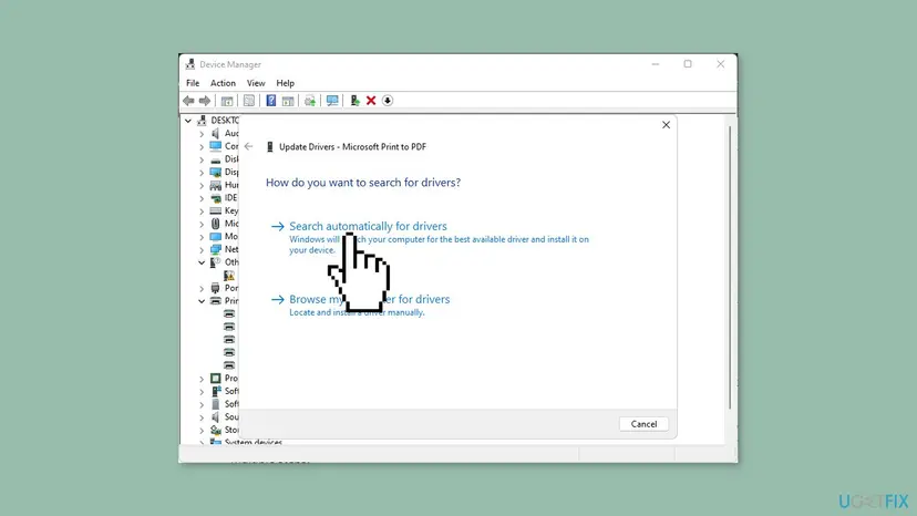 Device Manager on Windows 11 with the Update Drivers window open for a printer and the options Search automatically for drivers and Browse my computer for drivers