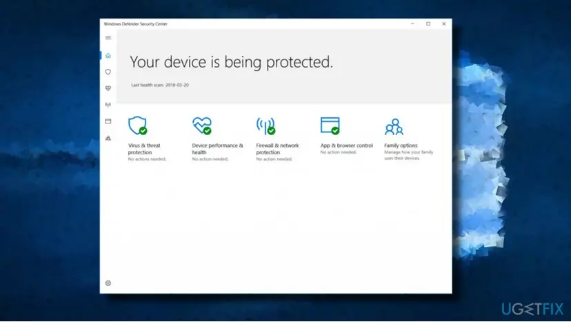 Windows Defender Security Center home screen with Virus and threat protection and four other areas marked as needing no action