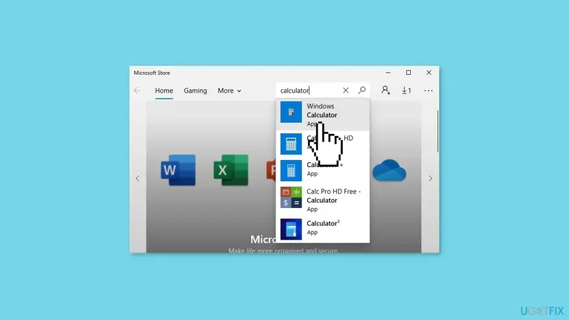 Microsoft Store search box with calculator typed and Windows Calculator by Microsoft shown as the first result