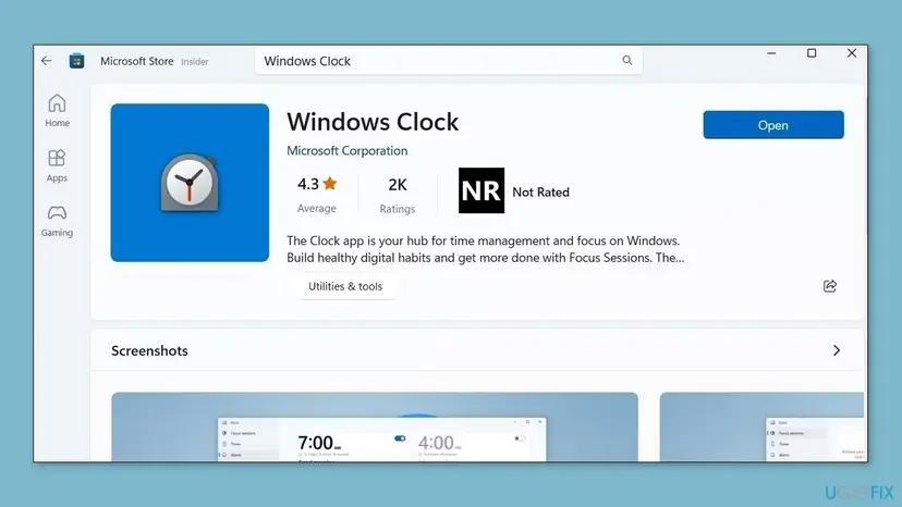 Windows Clock application page in Microsoft Store on Windows 11 with the Open button shown