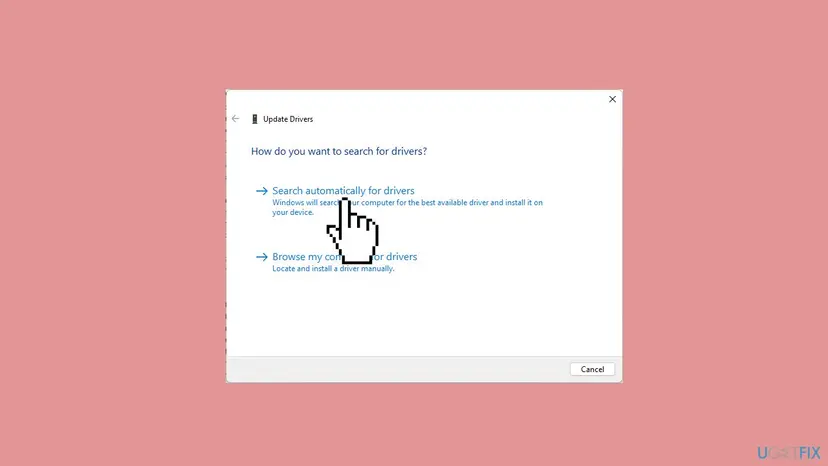 Update Drivers window in Windows 11 asking How do you want to search for drivers with Search automatically for drivers highlighted