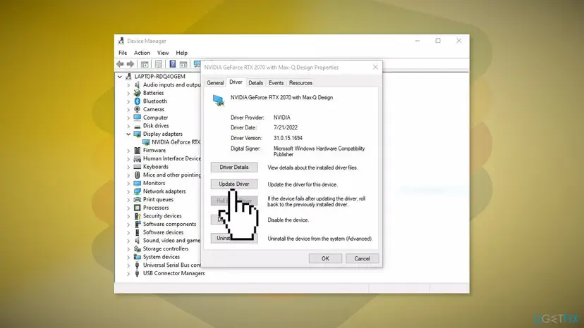 Device Manager and graphics card driver properties window with Update Driver button