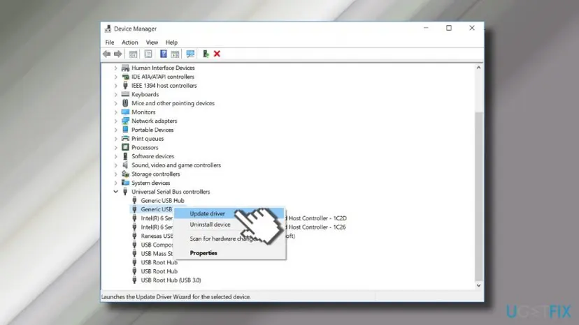 Device Manager with Universal Serial Bus controllers expanded and the context menu showing Update driver and Uninstall device