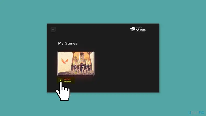 Riot Client window with My Games and the VALORANT tile, with an Update VALORANT button under the tile