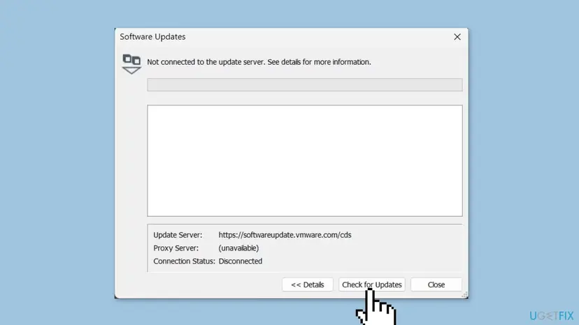 VMware Software Updates window with the status Not connected to the update server and a Check for Updates button