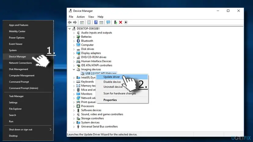 Device Manager with a USB 2.0 UVC HD Webcam under Imaging devices and its right-click menu open on Update driver