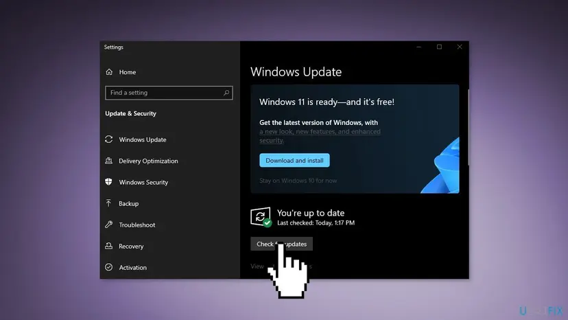 Windows Update page in Settings with the cursor on the Check for updates button