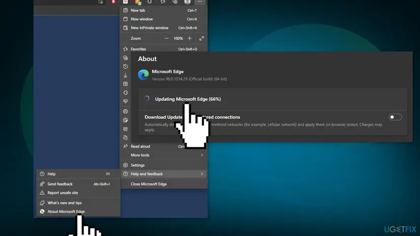Microsoft Edge About page displaying an active browser update at 66 percent