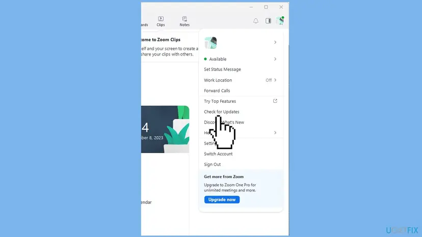 Zoom desktop app on Windows with the profile menu open and the pointer on Check for Updates, between Try Top Features and Discover What's New