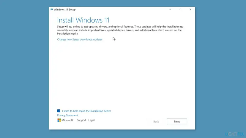 Windows 11 Setup window titled Install Windows 11 with the Next button, started from mounted installation media for a repair install