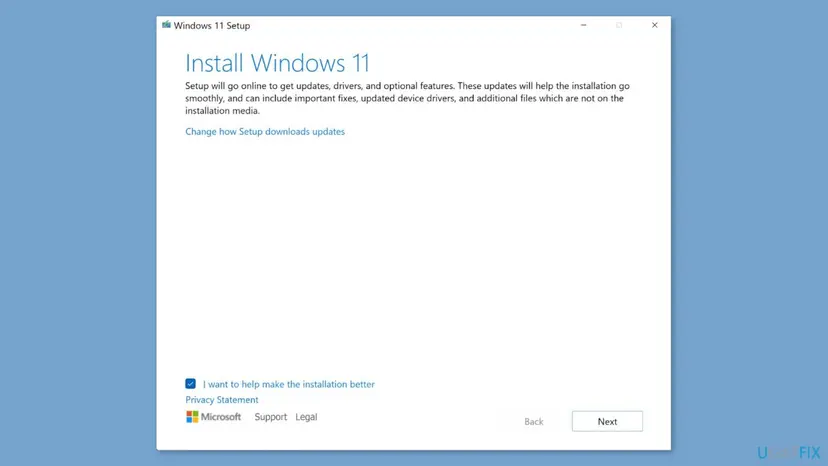 Windows 11 Setup window titled Install Windows 11 with the Next button, the first screen of a repair reinstall from the mounted ISO