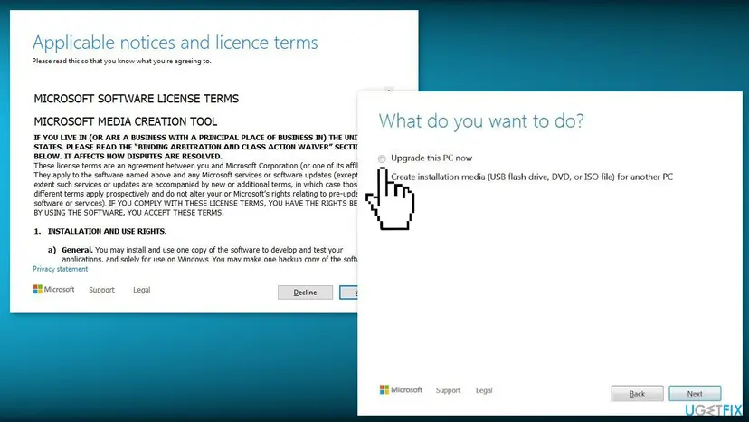 Windows setup wizard showing the license terms and the option to upgrade this PC now, with personal files and apps kept