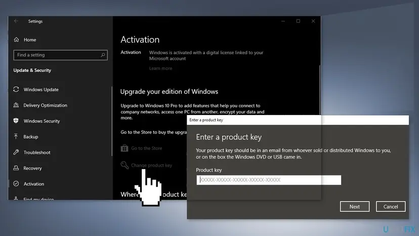 Windows 10 Activation settings page with Change product key selected and the Enter a product key dialog with an empty 25-character key field