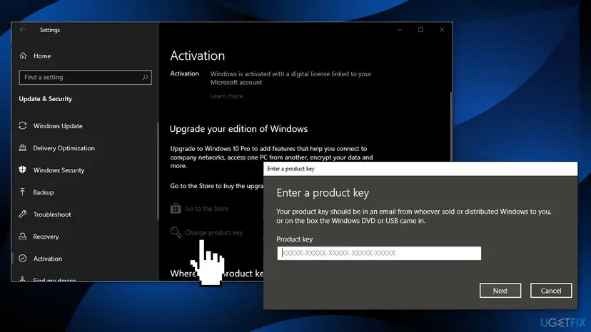 Windows 10 Settings Activation page with Change product key selected and the Enter a product key dialog with an empty 25-character key field