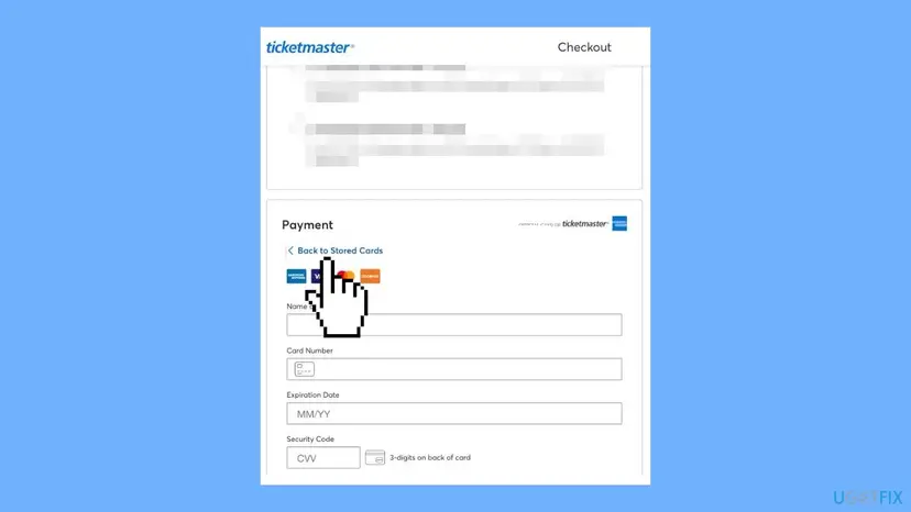 Ticketmaster checkout with the Payments section and the PayPal option under Or Pay With, used as a different payment method