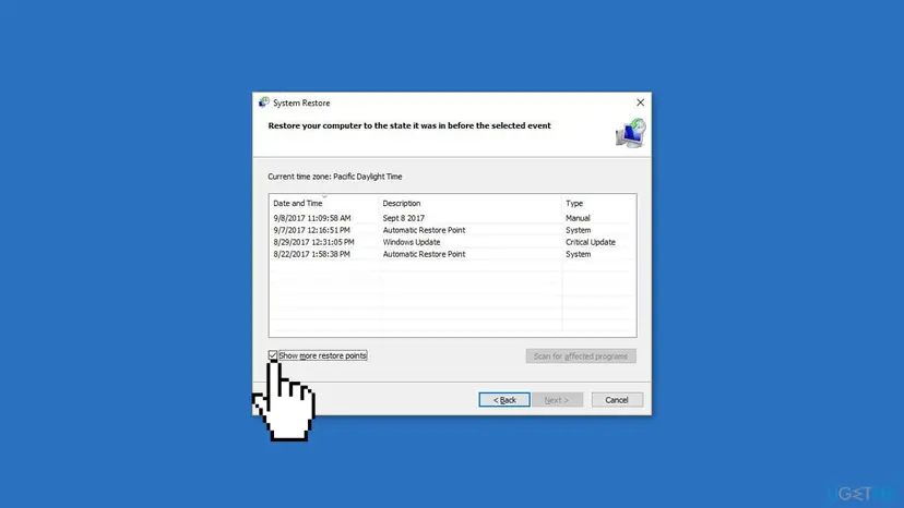 System Restore window on Windows 10 listing restore points by date, description and type, with Show more restore points ticked
