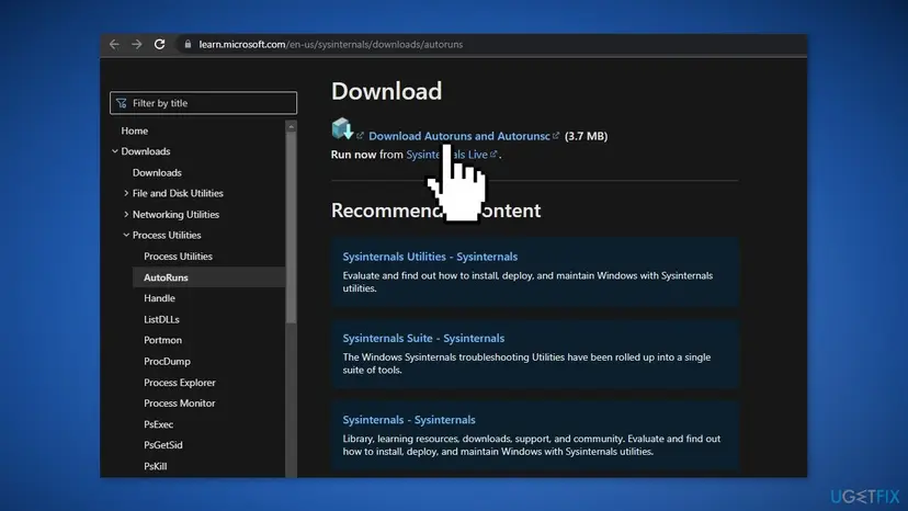 Microsoft Learn Sysinternals Autoruns page with the Download Autoruns and Autorunsc link highlighted