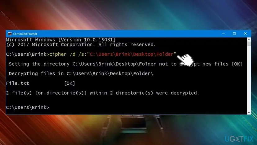Command Prompt window running cipher /d /s on a folder, with the result that two files or directories within two directories were decrypted