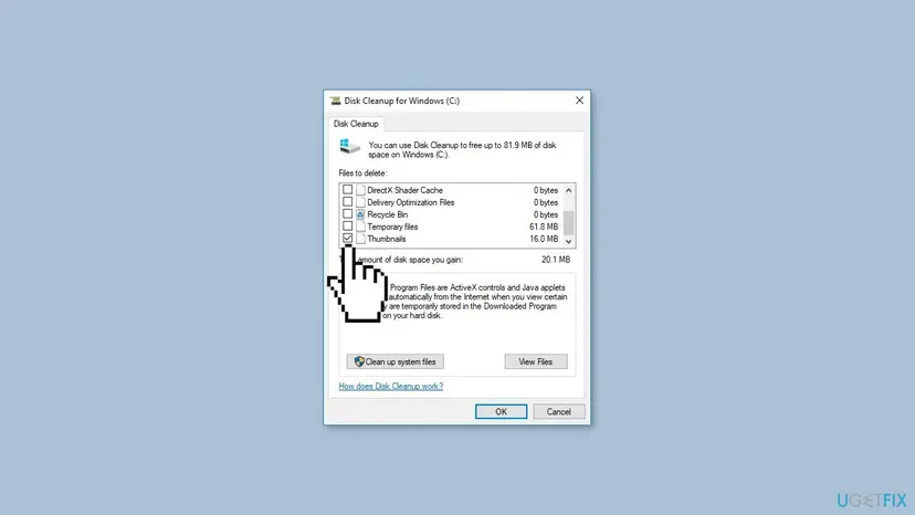 Disk Cleanup for Windows C: with the Files to delete list showing DirectX Shader Cache, Delivery Optimization Files, Recycle Bin, Temporary files and Thumbnails ticked