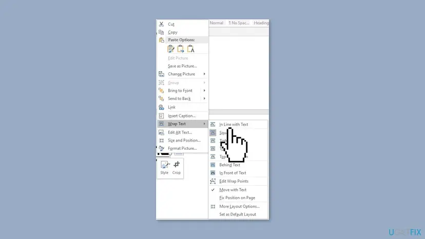 Word right-click menu on a picture with Wrap Text opened and In Line with Text at the top of the submenu