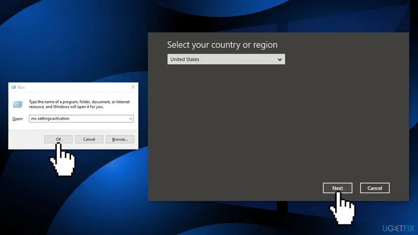 Run box with ms-settings:activation and the Windows activation window asking to select your country or region with a Next button