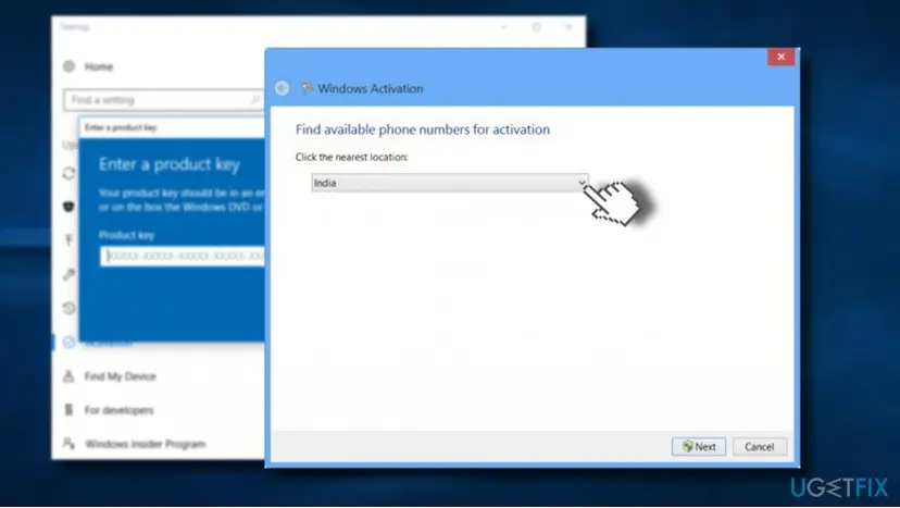 Windows Activation window opened with slui 4, asking to pick the nearest location to find phone numbers for activation