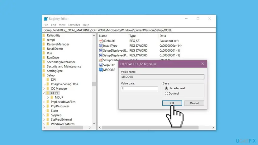 Registry Editor open at HKEY_LOCAL_MACHINE SOFTWARE Microsoft Windows CurrentVersion Setup OOBE with the Edit DWORD dialog for MSOOBE set to 1