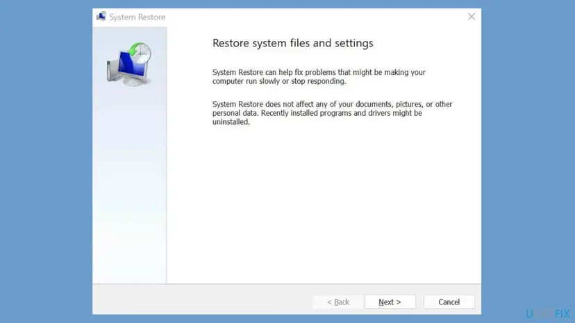 System Restore wizard first page titled Restore system files and settings with the Next button, which leaves personal files untouched