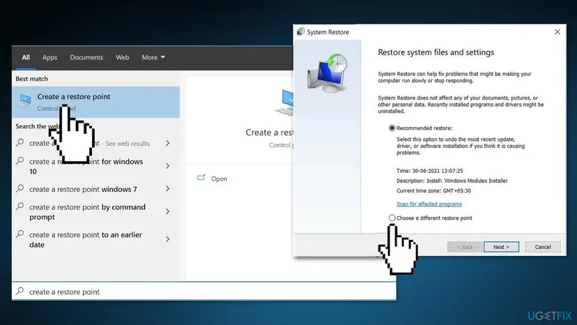 Windows search with Create a restore point and the System Restore window open