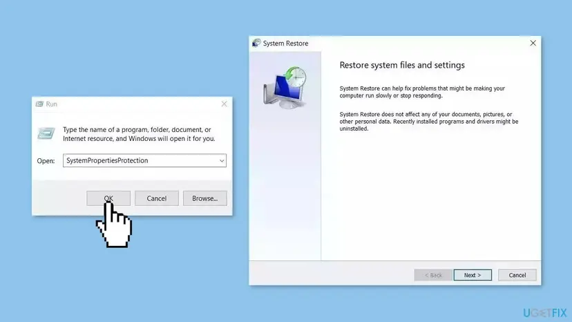 Windows Run dialog with SystemPropertiesProtection and the System Restore wizard window