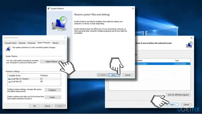 System Properties with the System Restore button, the Restore system files and settings window, and a list of restore points with Next