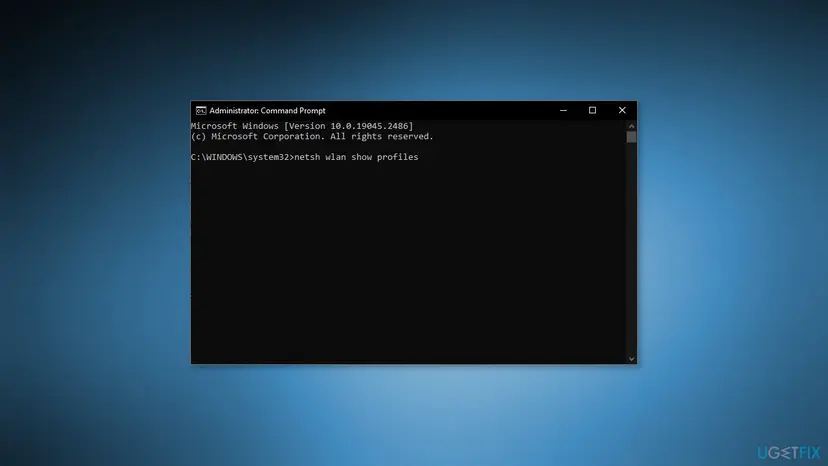 Administrator Command Prompt window on Windows 10 with the command netsh wlan show profiles typed at the prompt