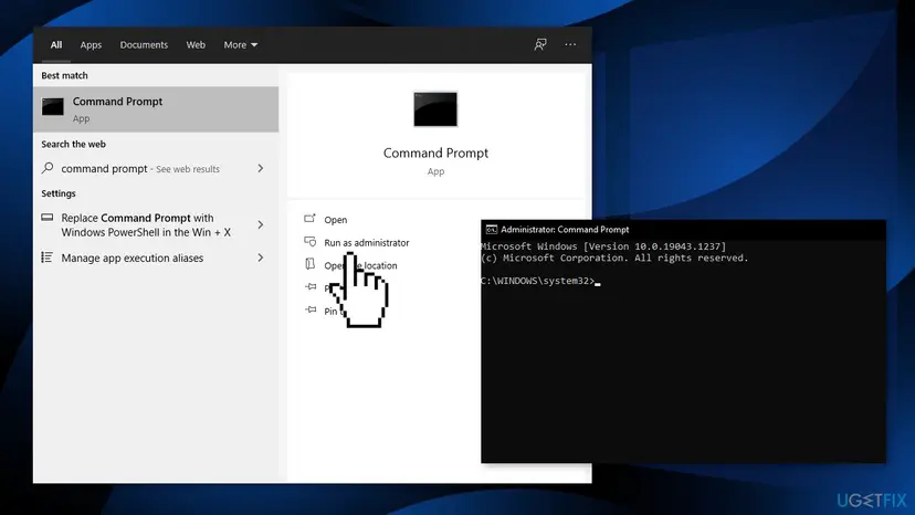 Windows 10 Start search for Command Prompt with Run as administrator selected and an empty Administrator Command Prompt window