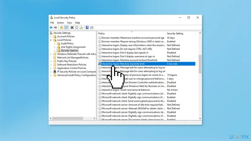Local Security Policy console with Security Settings, Account Policies and Local Policies expanded, Security Options selected and a list of interactive logon policies on the right