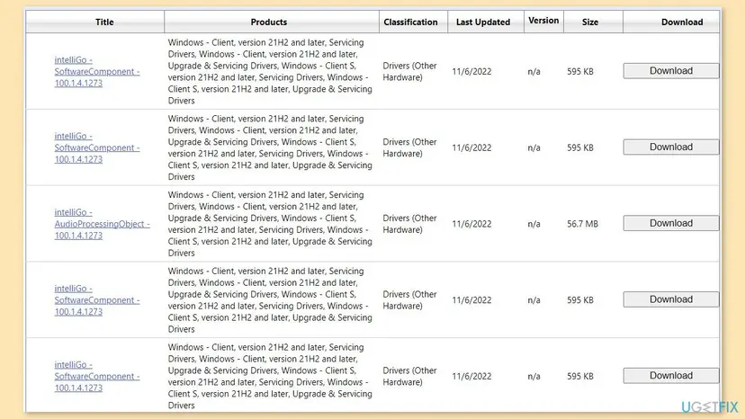 Microsoft Update Catalog results for intelliGo 100.1.4.1273 listing SoftwareComponent and AudioProcessingObject drivers with Download buttons