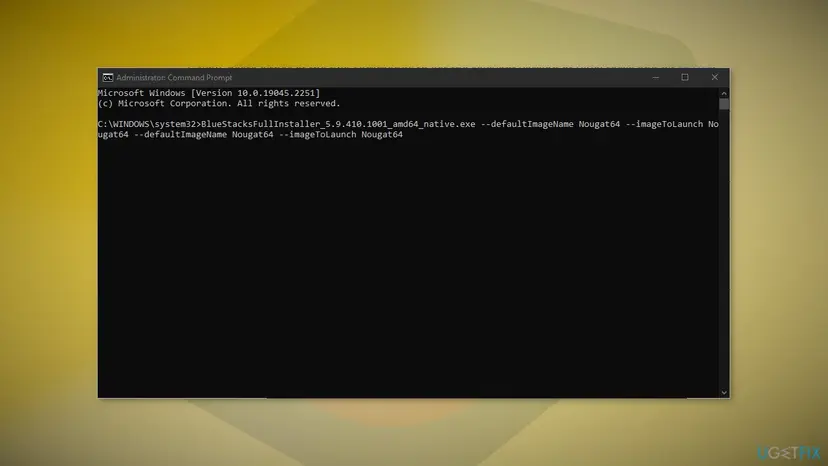 Command Prompt running BlueStacks offline installer command