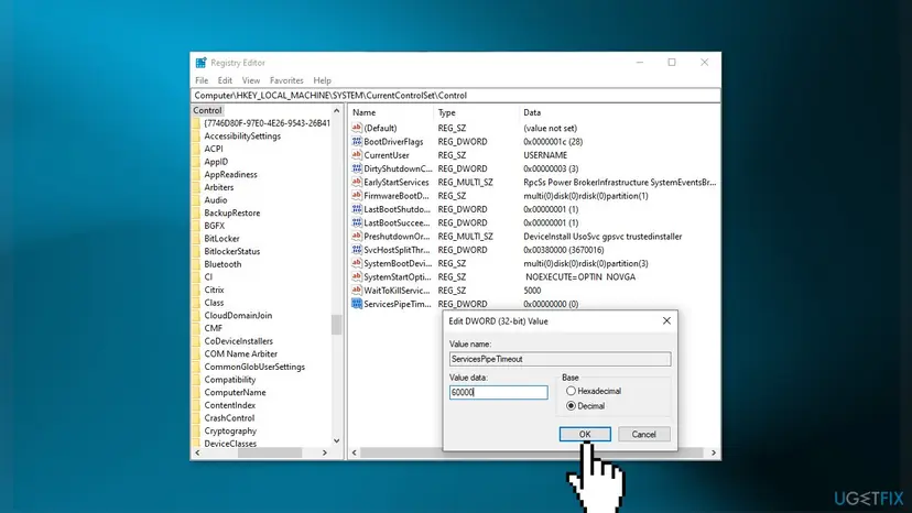 Registry Editor at HKEY_LOCAL_MACHINE SYSTEM CurrentControlSet Control with the ServicesPipeTimeout DWORD open, Decimal base selected and 60000 typed as the value