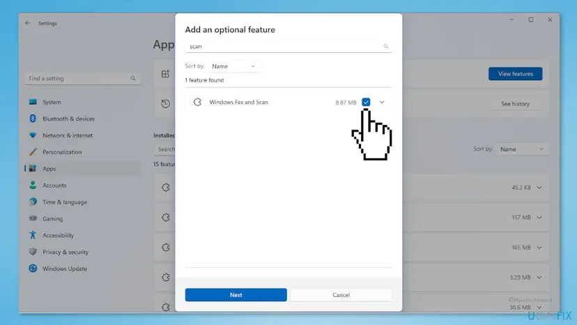 Windows 11 Settings with the Add an optional feature window, the word scan in its search box and Windows Fax and Scan ticked with the Next button below