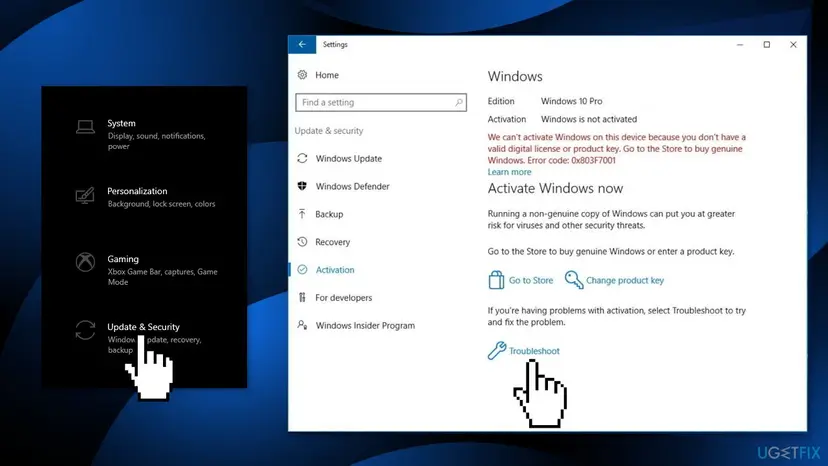 Windows 10 Settings, Update and Security, Activation page showing Windows is not activated in red, with Change product key and Troubleshoot links