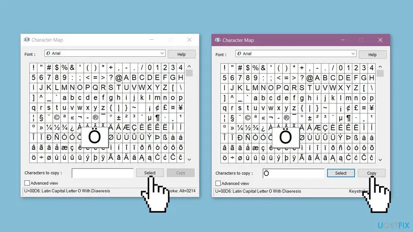 Character Map window with an accented letter selected and the Select and Copy buttons used to place it on the clipboard