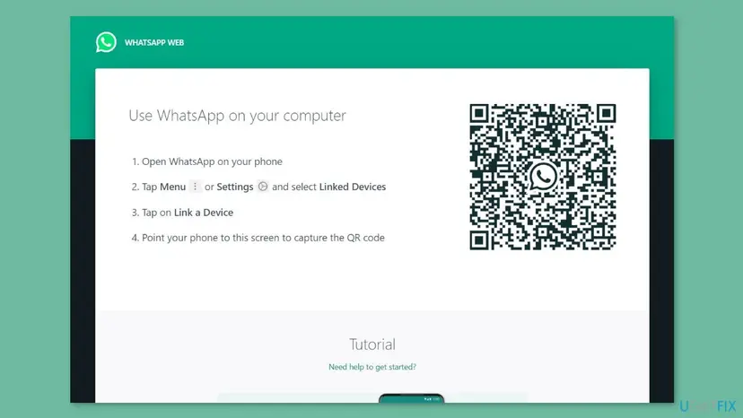 WhatsApp Web start page in a browser with the text Use WhatsApp on your computer, the steps to link a device and a QR code to scan with the phone