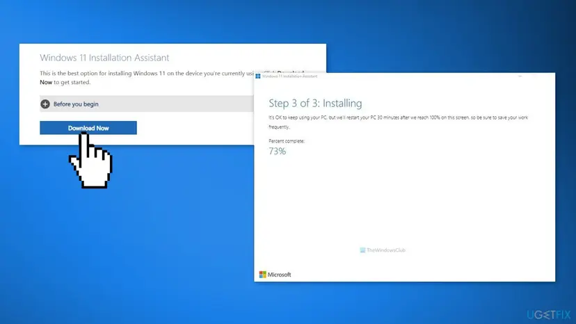 Windows 11 Installation Assistant download page next to the assistant window showing the installation progress