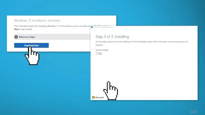 Windows 11 Installation Assistant on Microsoft's download page with the Download Now button, and the assistant window at Step 3 of 3: Installing, 73 percent complete