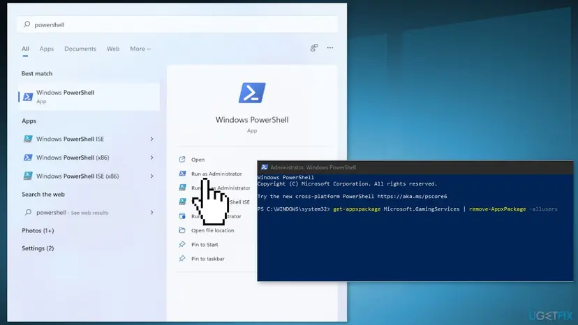 Windows search with Run as Administrator selected for Windows PowerShell, next to an Administrator PowerShell window with the get-appxpackage Microsoft.GamingServices remove-AppxPackage command