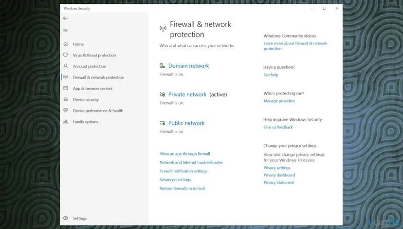 Windows Security, Firewall and network protection page with Domain, Private and Public network and the Allow an app through firewall link