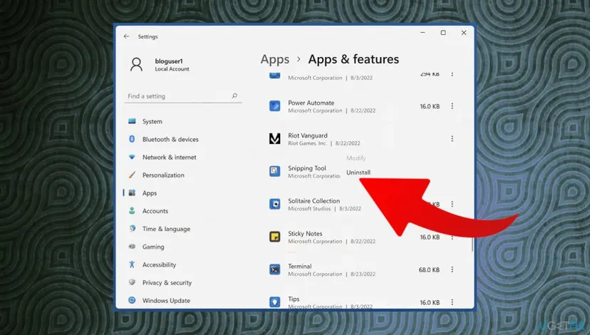 Windows 11 Settings, Apps and features list with the Riot Vanguard entry menu open and the Uninstall option marked by a red arrow