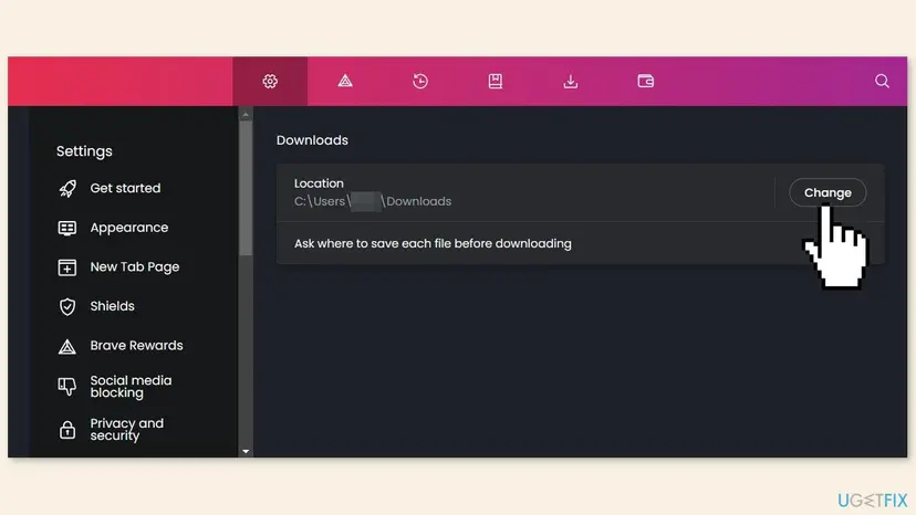 Downloads settings menu in Brave browser with a pointer over the Change button