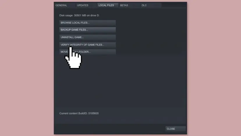 Steam game properties on the older Local Files tab with the Verify integrity of game files button under Browse local files